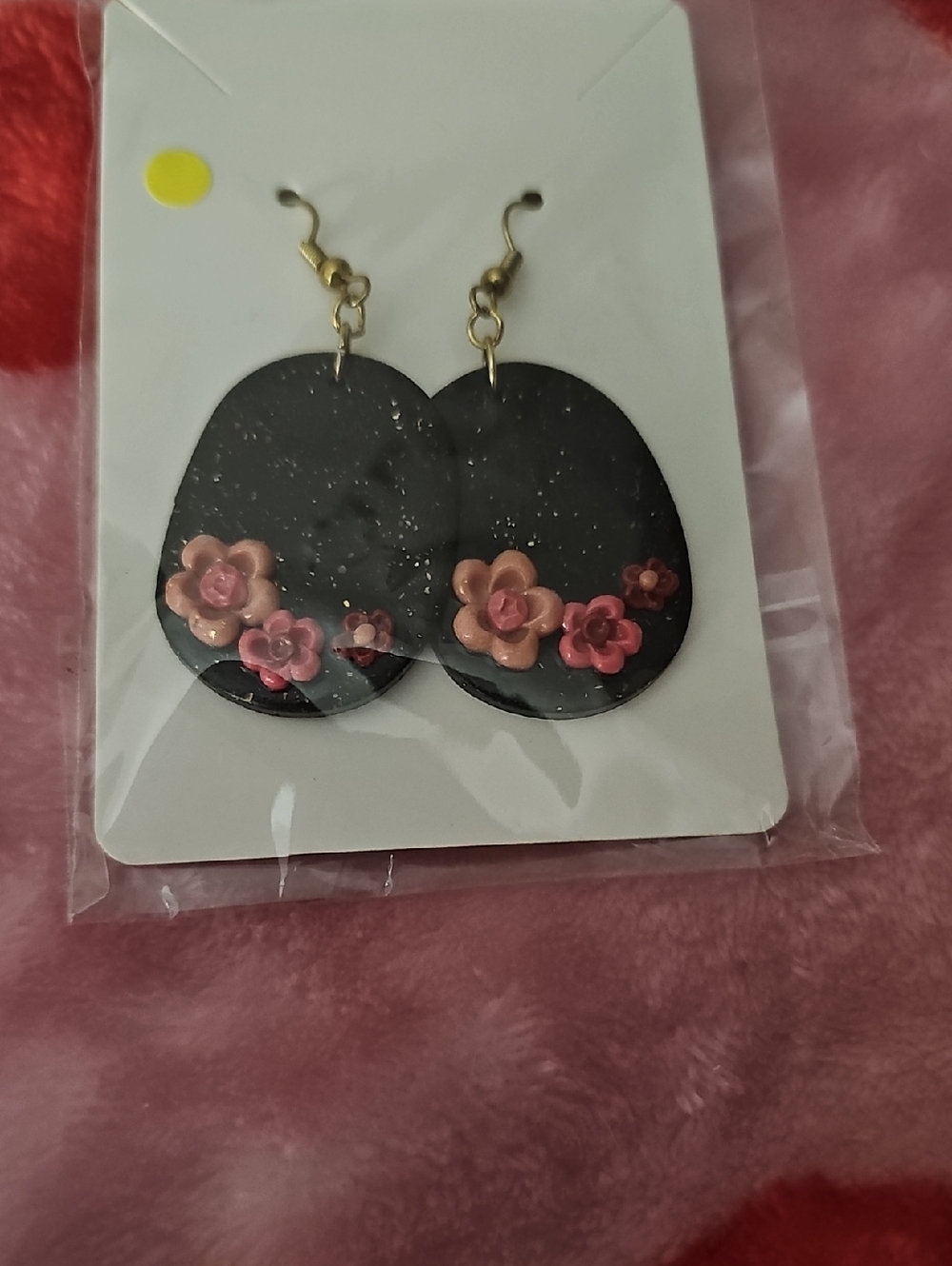 Hand Crafted Black Floral Drop Earrings with Pink Flowers